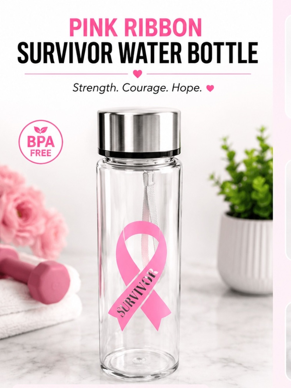 Hand Crafted Pink Survivor Ribbon Glass Water Bottle with Silver Lid